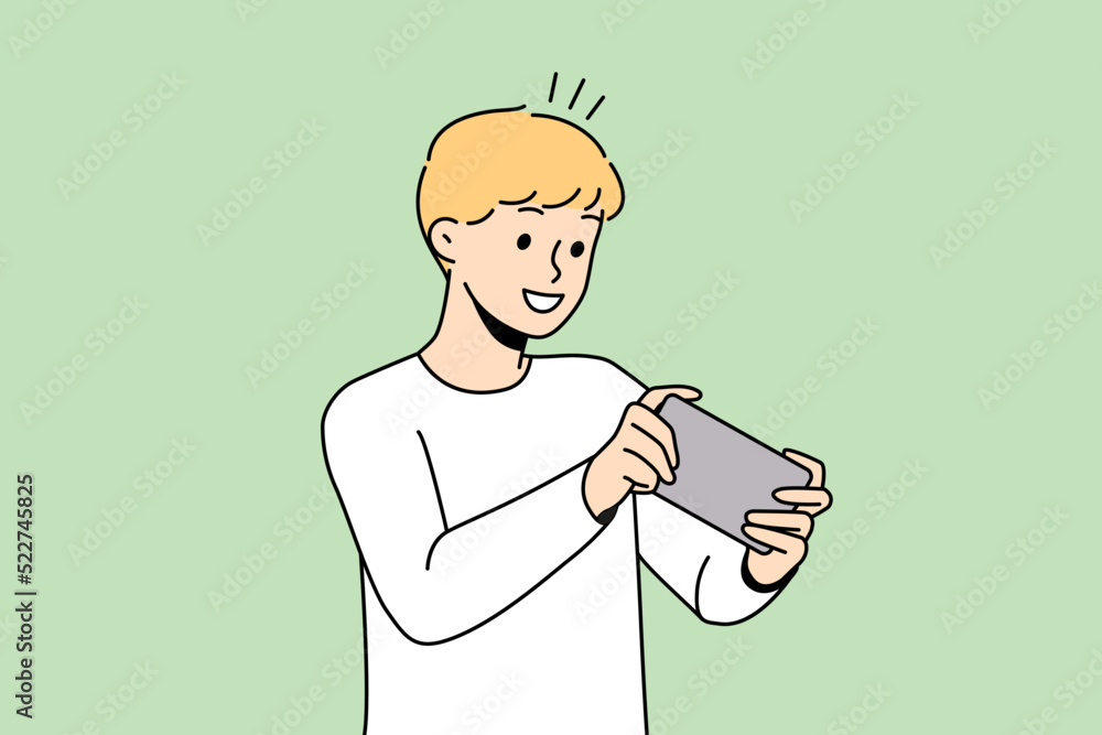 Happy boy child playing online game on cellphone. Smiling small kid have fun engaged in video games on smartphone. Modern web app. Vector illustration. Happy boy child playing online game on cellphone. Smiling small kid have fun engaged in video games on smartphone. Modern web app. Vector illustration.