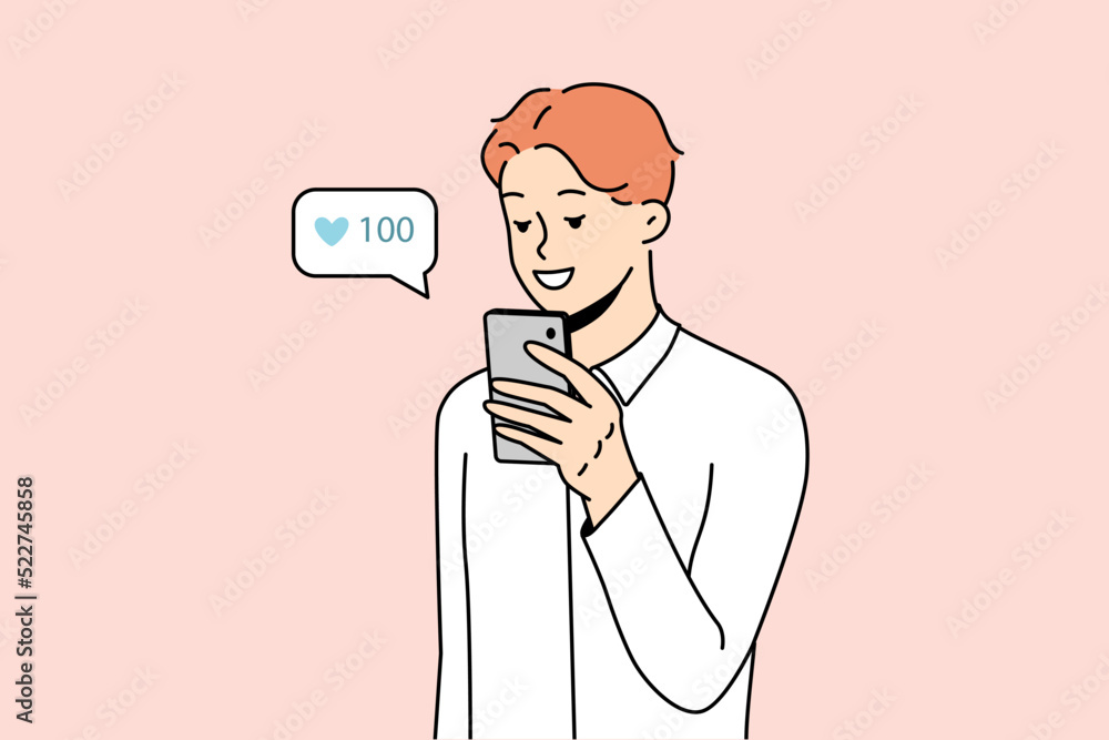 Smiling young man using cellphone collect likes on social media. Happy male look at mobile phone screen get acknowledgment from subscribers. Vector illustration. Smiling young man using cellphone collect likes on social media. Happy male look at mobile phone screen get acknowledgment from subscribers. Vector illustration.