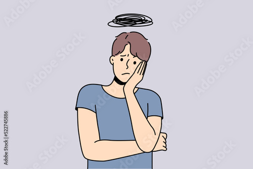 Unhappy young man thinking lost in worries and frustration. Stressed guy overthinking overwhelmed with thoughts. Vector illustration. 