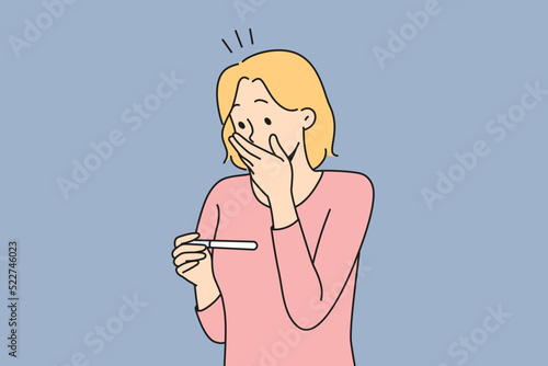 Stunned woman looking at test get to know about pregnancy. Surprised woman shocked with pregnancy news. Vector illustration. 