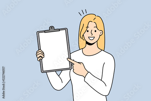 Smiling businesswoman showing folder with white mockup paper. Happy woman employee demonstrate paperwork completed task at workplace. Vector illustration. 