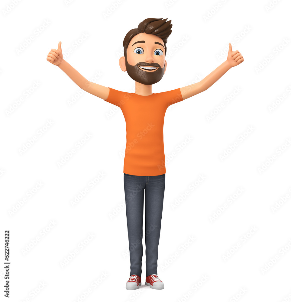 Cartoon character guy in an orange t-shirt shows two thumbs up on a white background. 3d rendering illustration. Cartoon character guy in an orange t-shirt shows two thumbs up on a white background. 3d rendering illustration.