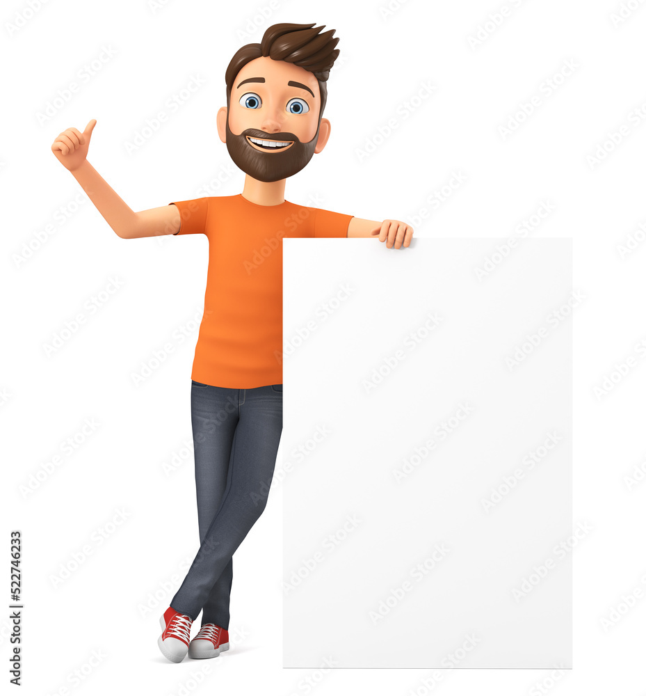 Cartoon character guy in an orange t-shirt leaned against an empty board and shows a thumbs up on a white background. 3d rendering illustration. Cartoon character guy in an orange t-shirt leaned against an empty board and shows a thumbs up on a white background. 3d rendering illustration.