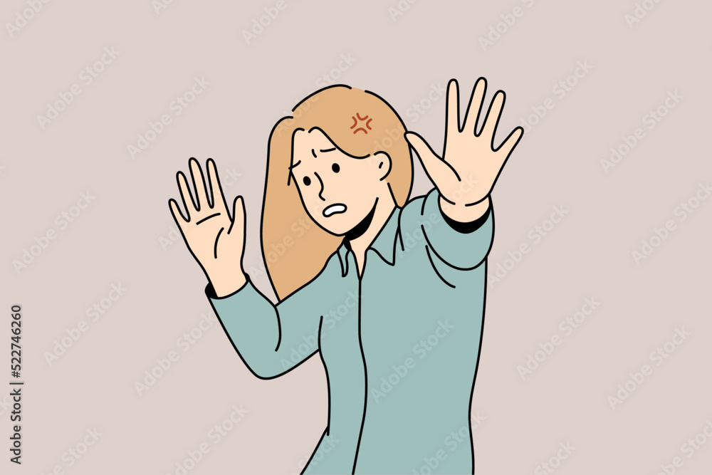 Scared young woman make stop hand gesture feeling danger or confusion ...