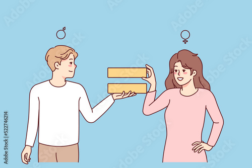 Smiling man and woman holding equality sign. Happy male and female cartoons character show gender equality and rights. Vector illustration. 