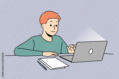 Happy boy child sit at desk studying online on computer. Smiling kid use laptop having remote class at home. Distant education. Vector illustration. 