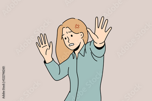 Scared young woman make stop hand gesture feeling danger or confusion. Unhappy female feel panic attack terrified frightened by something. Vector illustration. 