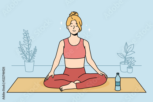Calm young woman in sportswear sitting on mat practicing yoga at home. Smiling relaxed girl meditating indoors. Meditation and stress relief. Vector illustration. 
