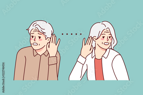 Unhealthy elderly people suffer from hearing problems. Unwell sick mature man and woman struggle with listening disabilities. Geriatric healthcare. Vector illustration. 