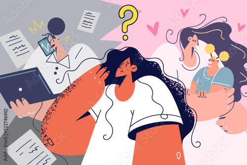 Confused woman think of career and family 