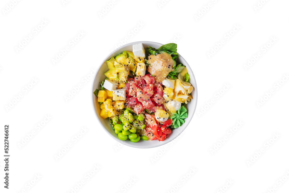 Salad with tuna, avocado, mango, wasabi, mozzarella, beans, sesame seeds, pickled ginger, sauce and chuka
