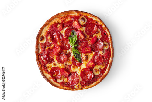 Pizza with pepperoni, basil, tomatoes, cheese and ketchup