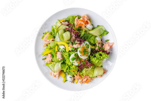 Salad with salmon, onion, frisse salad, cucumbers, boiled egg, mozzarella, avocado, lettuce and peas