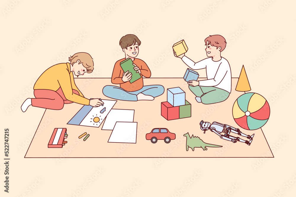 Happy kids sitting on floor playing with toys together. Smiling children have fun enjoy game activity in group. Childhood. Vector illustration. Happy kids sitting on floor playing with toys together. Smiling children have fun enjoy game activity in group. Childhood. Vector illustration.