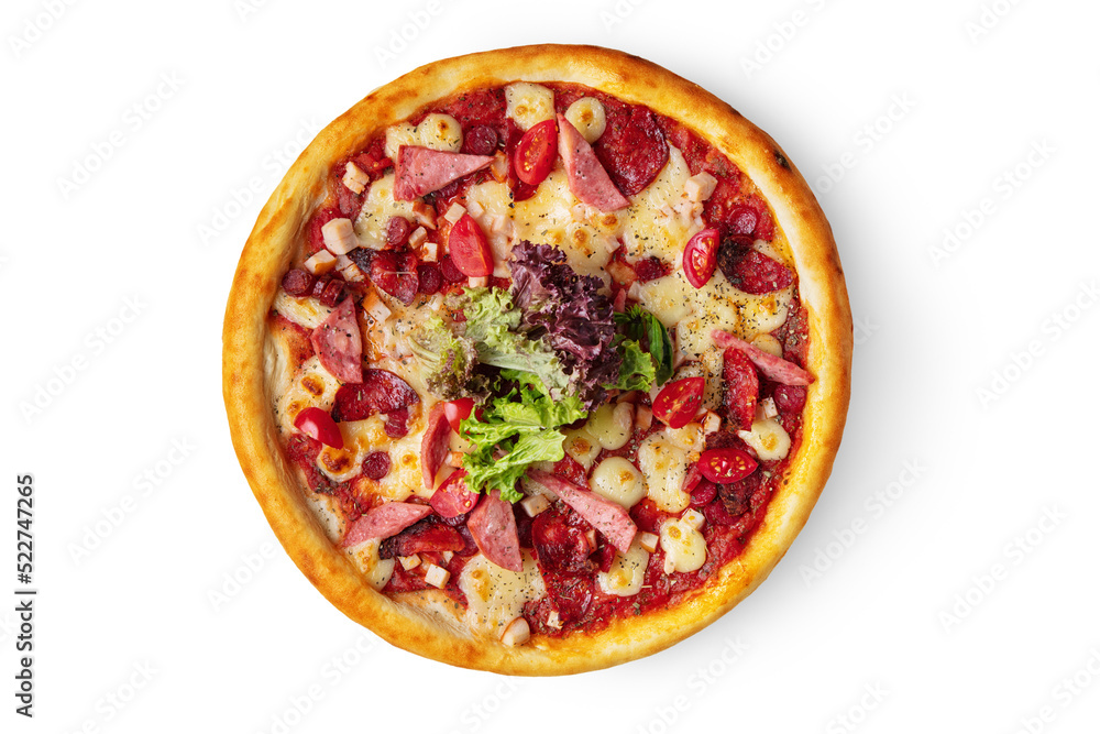 Pizza with ham, sausages, lettuce, tomatoes, cheese and ketchup Pizza with ham, sausages, lettuce, tomatoes, cheese and ketchup