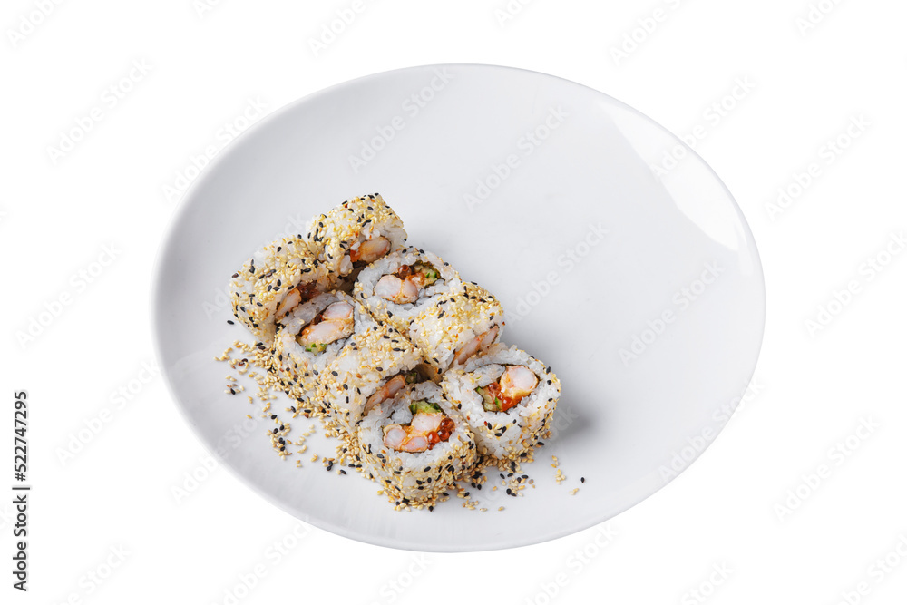 Roll with shrimps, nori, sesame seeds, rice, salmon caviar and sauce Roll with shrimps, nori, sesame seeds, rice, salmon caviar and sauce