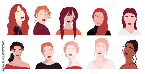 Set of abstract women portraits. Boho style. Modern art prints. Neutral Colors.  Modern Boho style background for art print, poster, card, decor, tote bag. Contemporary portrait. EPS 10