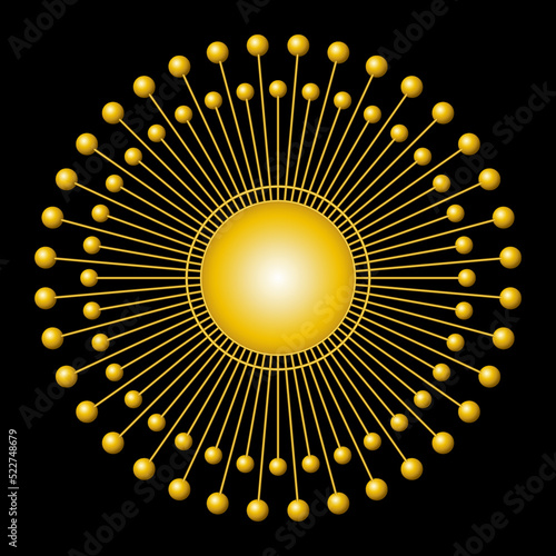 Golden sun symbol. Solar disk with 72 rays of light, with spheres on each end, around a golden circle in the center. Variations of this sign are also used for a solar monstrance or ostensorium. Vector