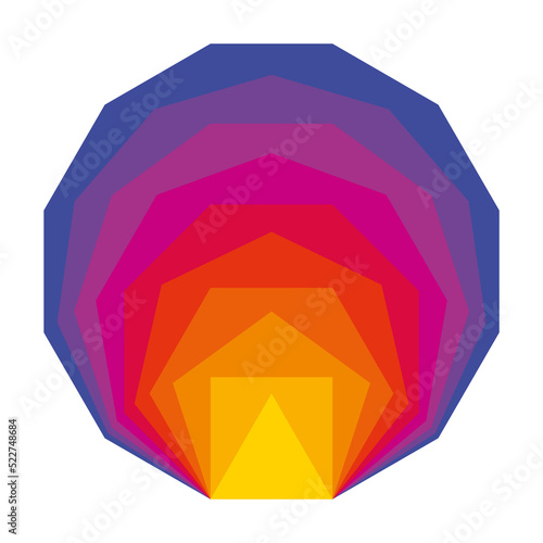 Colorful convex regular polygons, placed inside each other. Equiangular and equilateral polygons with the same line segment length, from a triangle to a dodecagon, showing Mach bands optical illusion.