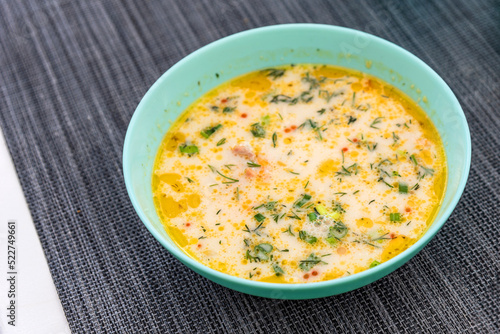 Karelian and Finnish national dish, traditional fish soup lohikeitto with salmon and cream.