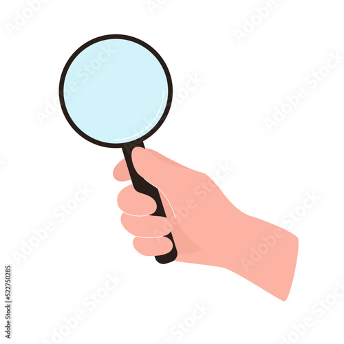 The hand is holding a magnifying glass. Vector illustration in flat design isolated on white background.