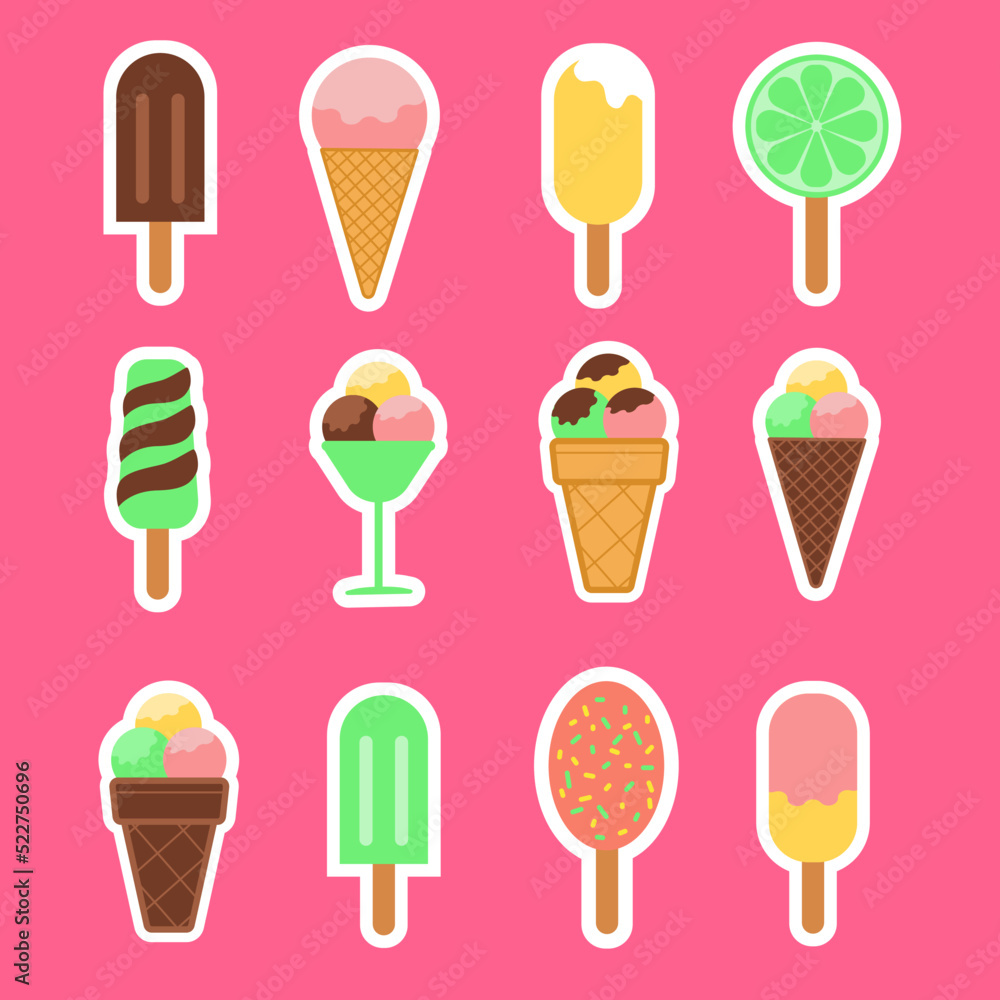 Ice cream fruit ice sticker pack icon, flat design vector illustration set of sticker icons on pink background Ice cream fruit ice sticker pack icon, flat design vector illustration set of sticker icons on pink background