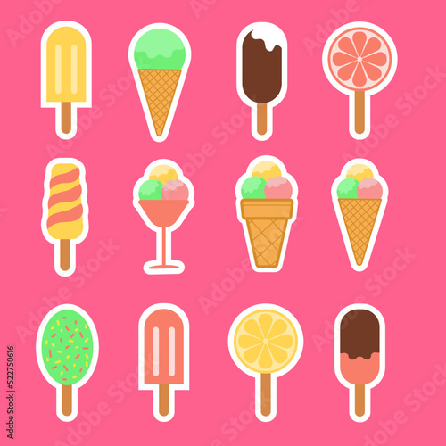 Ice cream fruit ice sticker pack icon  flat design vector illustration set of sticker icons