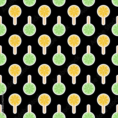 Yellow green citrus fruit ice lollipop dark seamless pattern