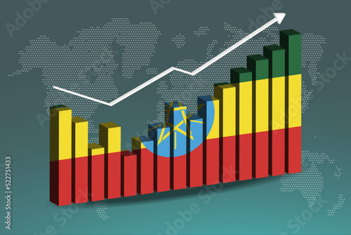 Ethiopia 3D bar chart graph with ups and downs, increasing values, upward rising arrow on data, news banner idea