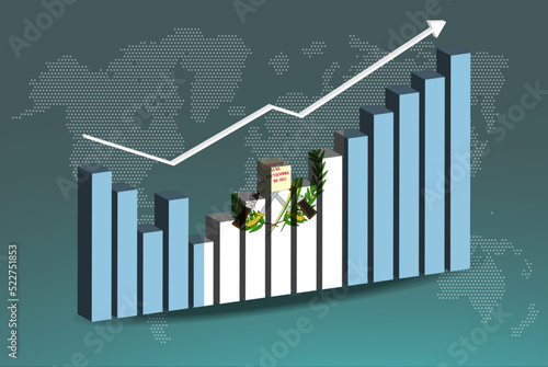 Guatemala 3D bar chart graph with ups and downs, increasing values, upward rising arrow on data, news banner idea