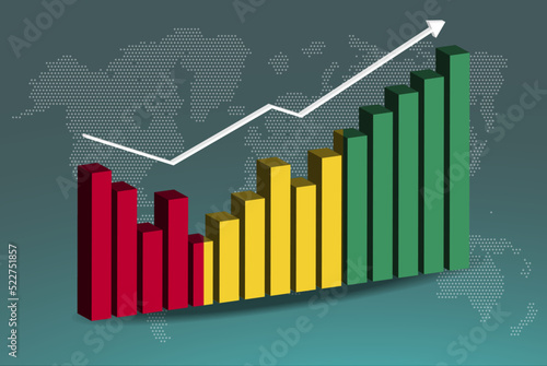 Guinea 3D bar chart graph with ups and downs, increasing values, upward rising arrow on data, news banner idea