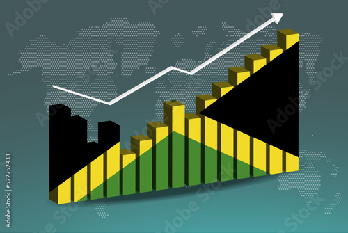 Jamaica 3D bar chart graph with ups and downs, increasing values, upward rising arrow on data, news banner idea