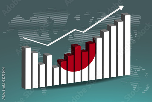 Japan 3D bar chart graph with ups and downs, increasing values, upward rising arrow on data, news banner idea
