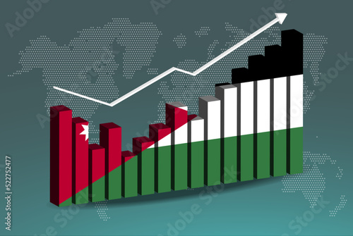Jordan 3D bar chart graph with ups and downs, increasing values, upward rising arrow on data, news banner idea