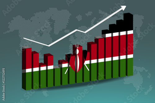 Kenya 3D bar chart graph with ups and downs, increasing values, upward rising arrow on data, news banner idea