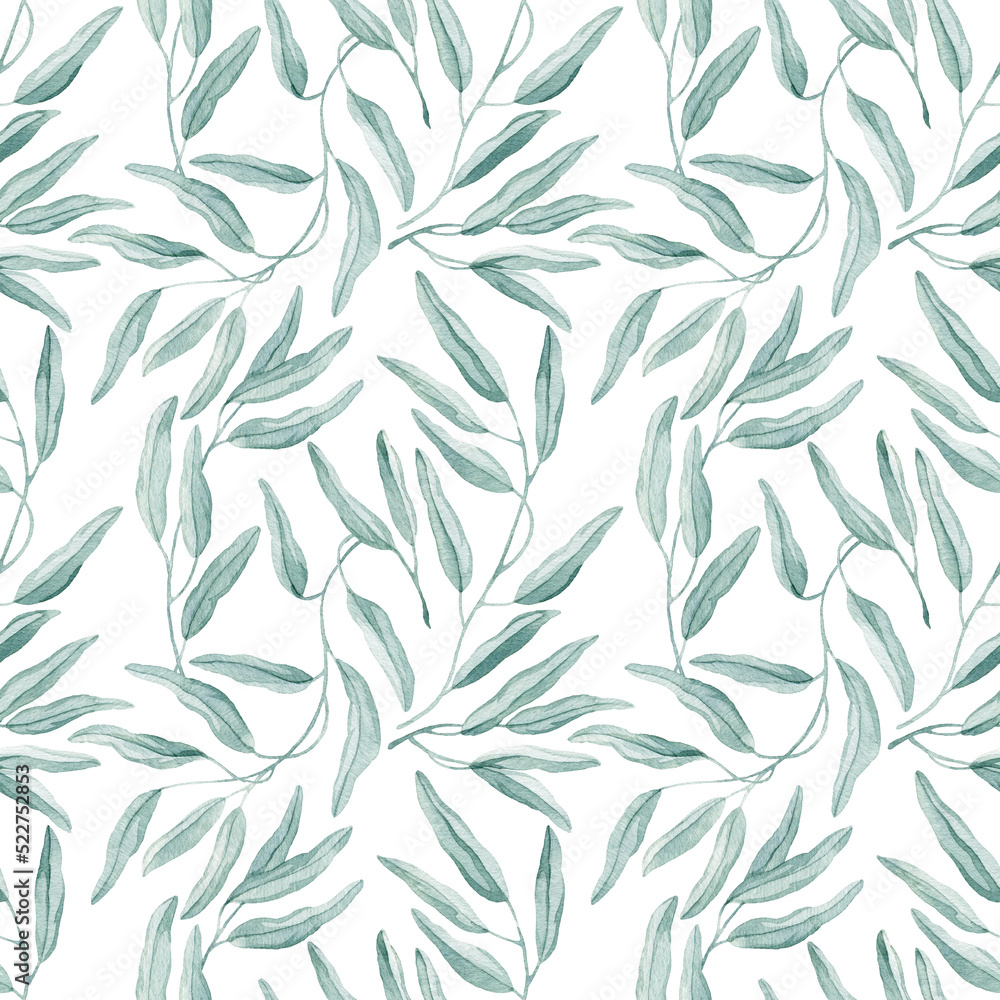 Seamless watercolor background with hand-drawn eucalyptus branch. Eucalyptus leaves