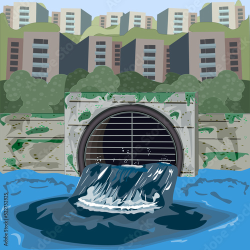 City wastewater is discharged through pipes into river. Contamination of water from factories. Environmental pollution danger, ecological disaster concept. Dirty water flowing from metal tube. Vector