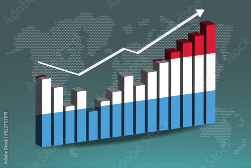Luxembourg 3D bar chart graph with ups and downs, increasing values, upward rising arrow on data, news banner idea