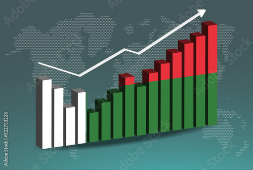 Madagascar 3D bar chart graph with ups and downs, increasing values, upward rising arrow on data, news banner idea