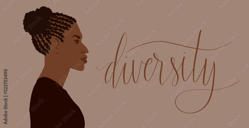 Afrian american woman with hair in double bun. Diversity handwritten lettering