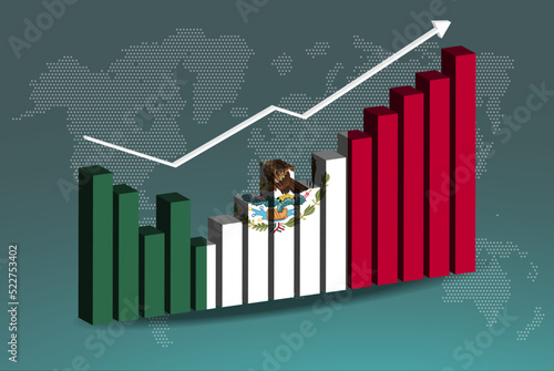 Mexico 3D bar chart graph with ups and downs, increasing values, upward rising arrow on data, news banner idea
