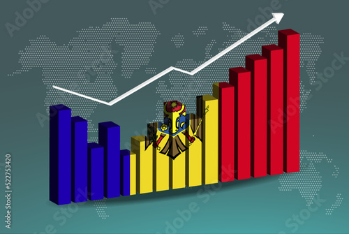 Moldova 3D bar chart graph with ups and downs, increasing values, upward rising arrow on data, news banner idea