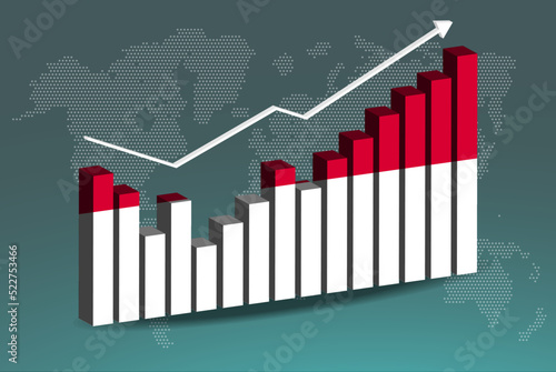 Monaco 3D bar chart graph with ups and downs, increasing values, upward rising arrow on data, news banner idea