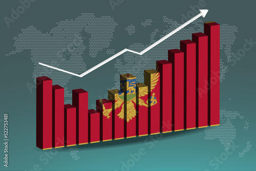 Montenegro 3D bar chart graph with ups and downs, increasing values, upward rising arrow on data, news banner idea