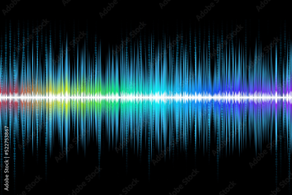 Abstract colorful rhythmic digital sound wave with binary code on black background. Sound waveform. Digital information