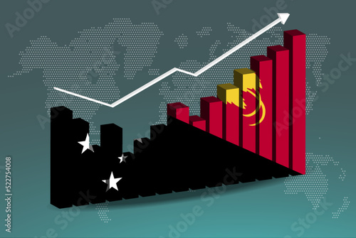Papua New Guinea 3D bar chart graph with ups and downs, increasing values, upward rising arrow on data, news banner idea