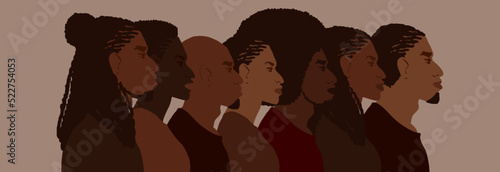 Group of african american people with differnt afro hair styles. Man and woman crowd illustration.