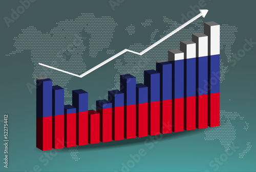 Russia 3D bar chart graph with ups and downs, increasing values, upward rising arrow on data, news banner idea