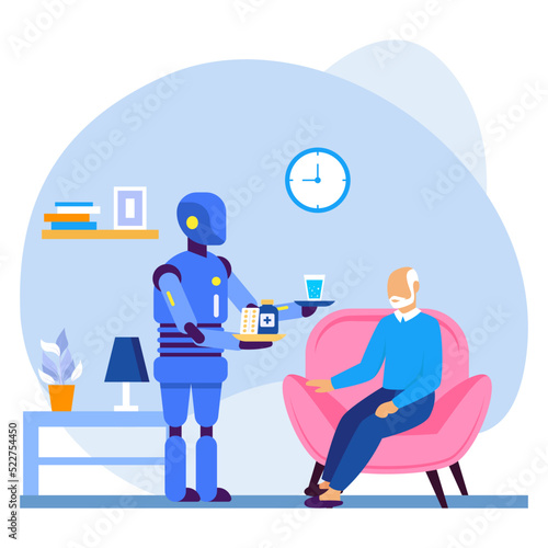 Robot is fetching food and water Concept, Physically-Assistive cobot vector icon design, Robotic medicine symbol, Healthcare Scene Sign, Innovation Artificial Intelligence Works in Modern Clinic stock