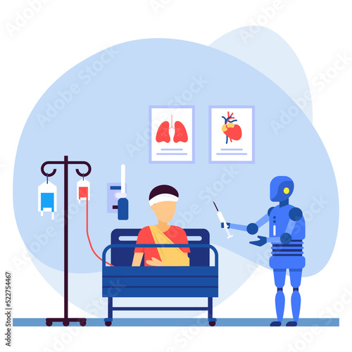 doctor robot try to inject the medicine on hem of the patient Concept vector icon design, Robotic medicine symbol, Healthcare Scene Sign, Innovation Artificial Intelligence Work in Modern Clinic stock